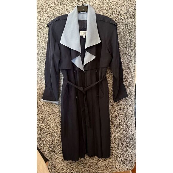 Sophisticate Women's Petite Black Trench Coat Size 8 Belted Waist - Picture 1 of 9
